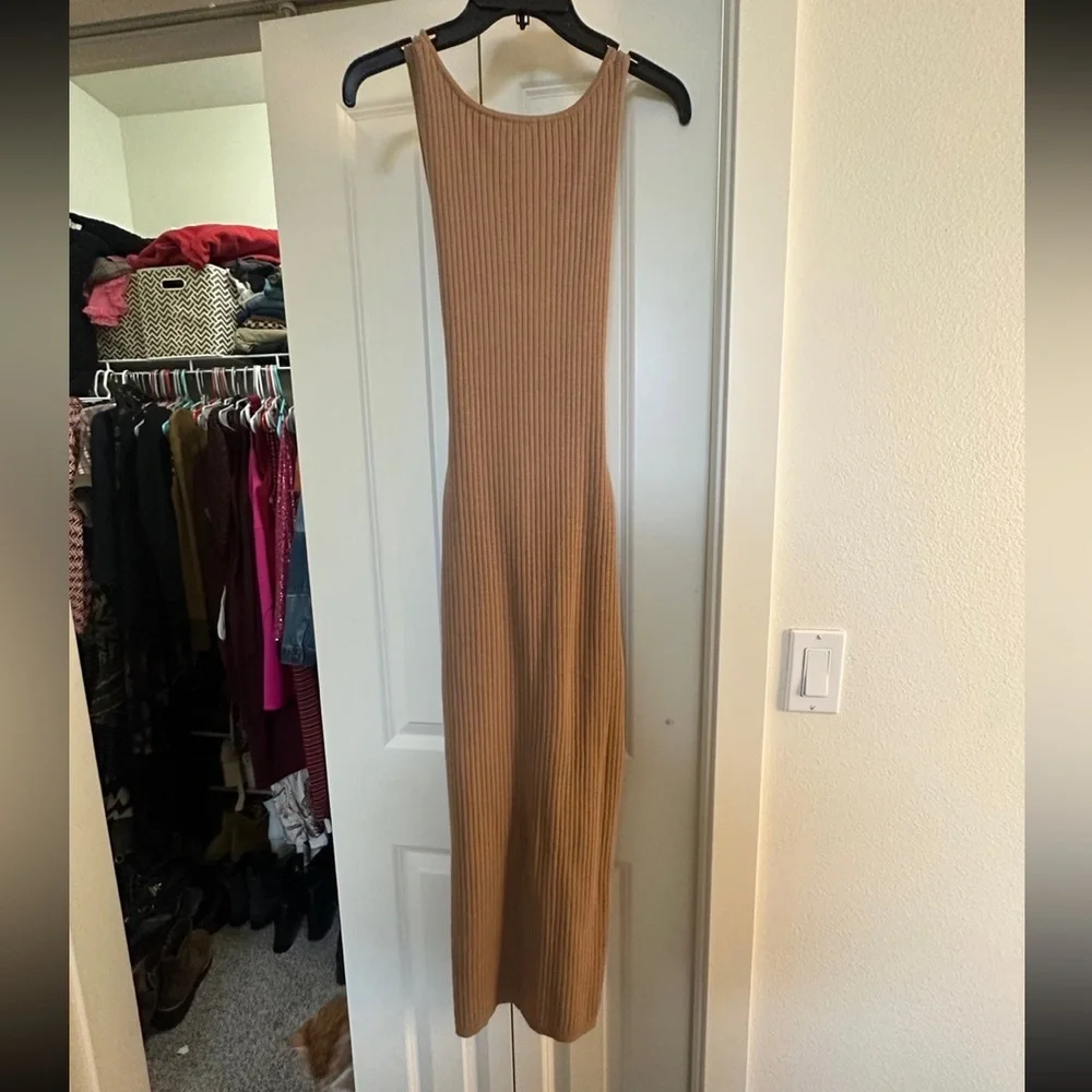 Good American Wrap Tie Sleeveless Sweater Midi Dress Tan 2 M Belted Body